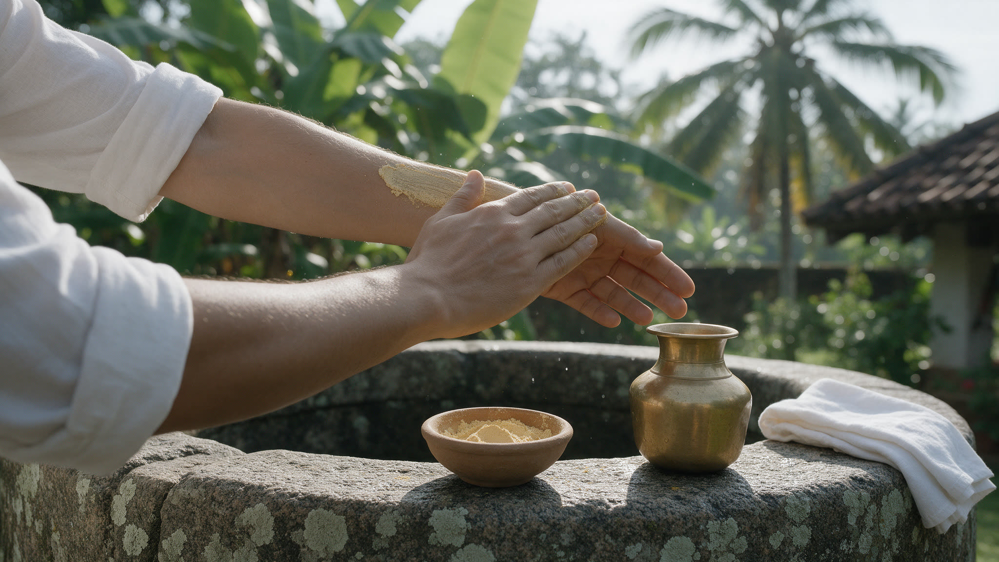 Two hands at an old granite garden well, one rubbing a golden herbal paste of sandalwood and turmeric along the other forearm, a clay bowl of the paste and a brass kendiya on the rim