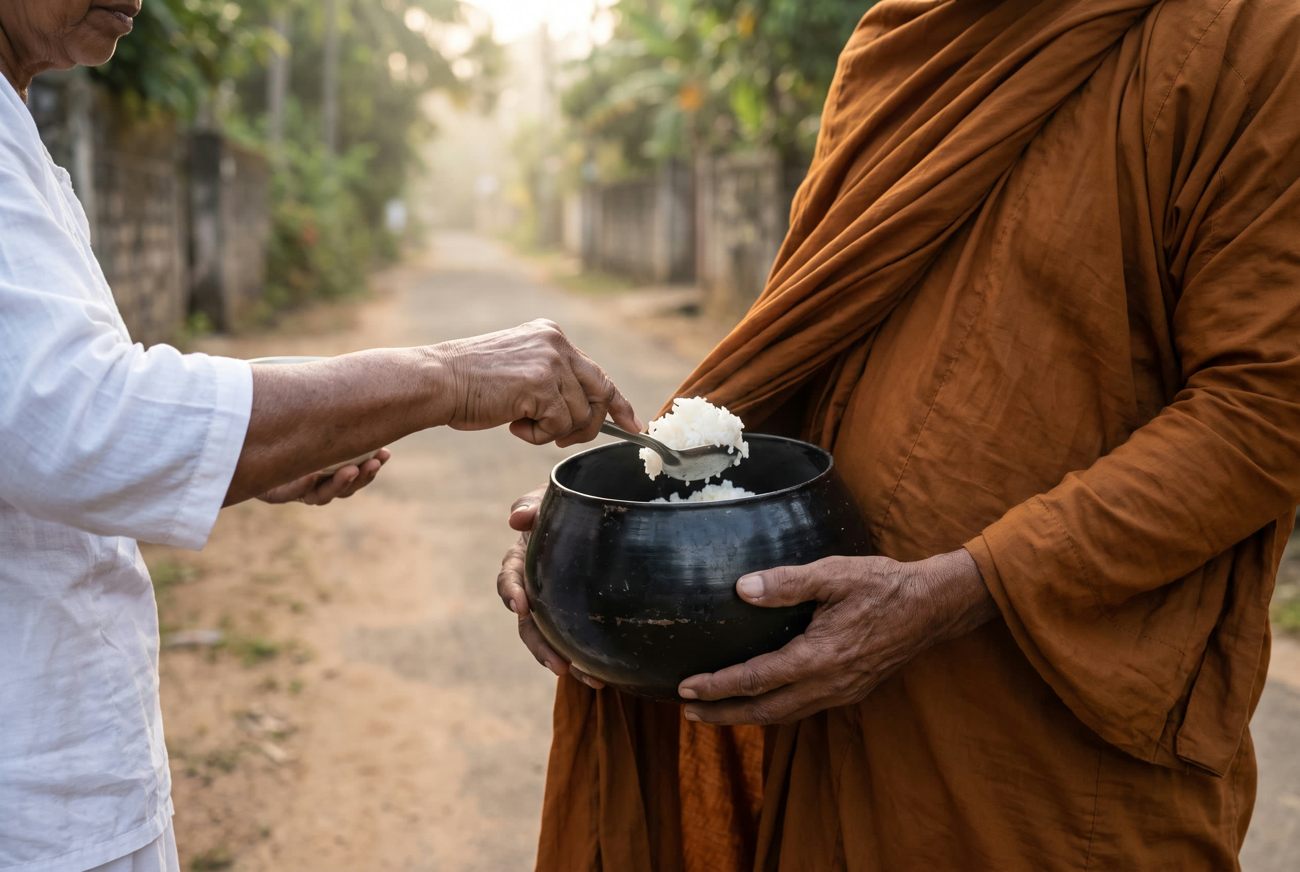 Dāna in the early morning: a woman's hand placing rice into a monk's alms bowl