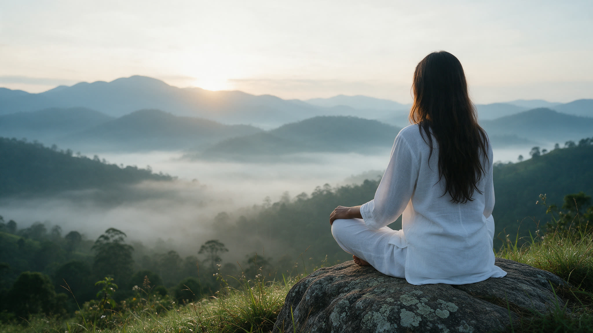 Jayani in white, seen from behind, sitting in meditation on a lichen-covered rock above misty hills at sunrise in the Sri Lankan highlands