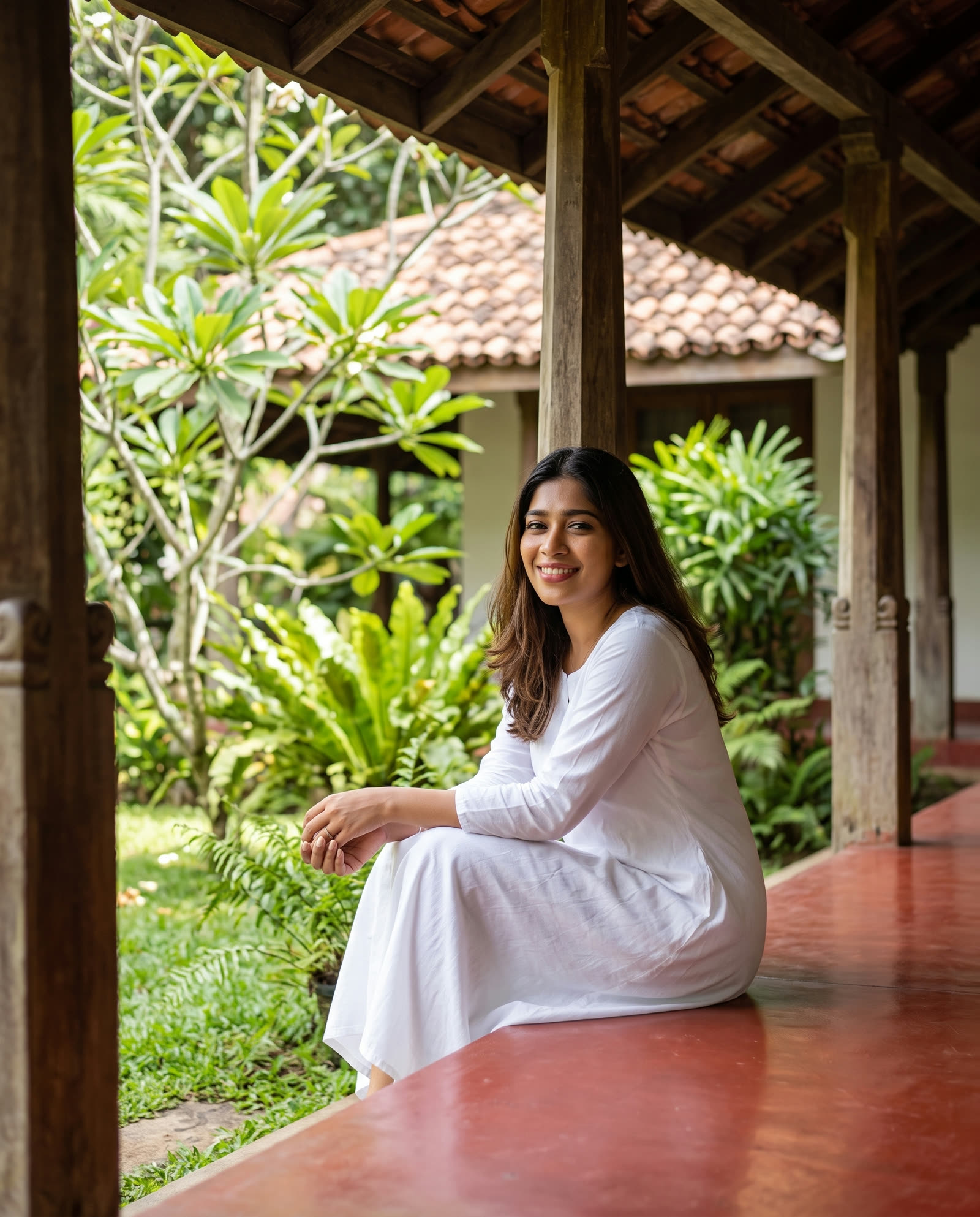 Jayani Perera in white, smiling, sitting on the edge of an old Sri Lankan verandah among ferns and frangipani