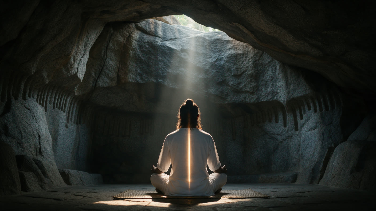 A person in white meditating in a rock cave, a thin line of morning light falling along the spine
