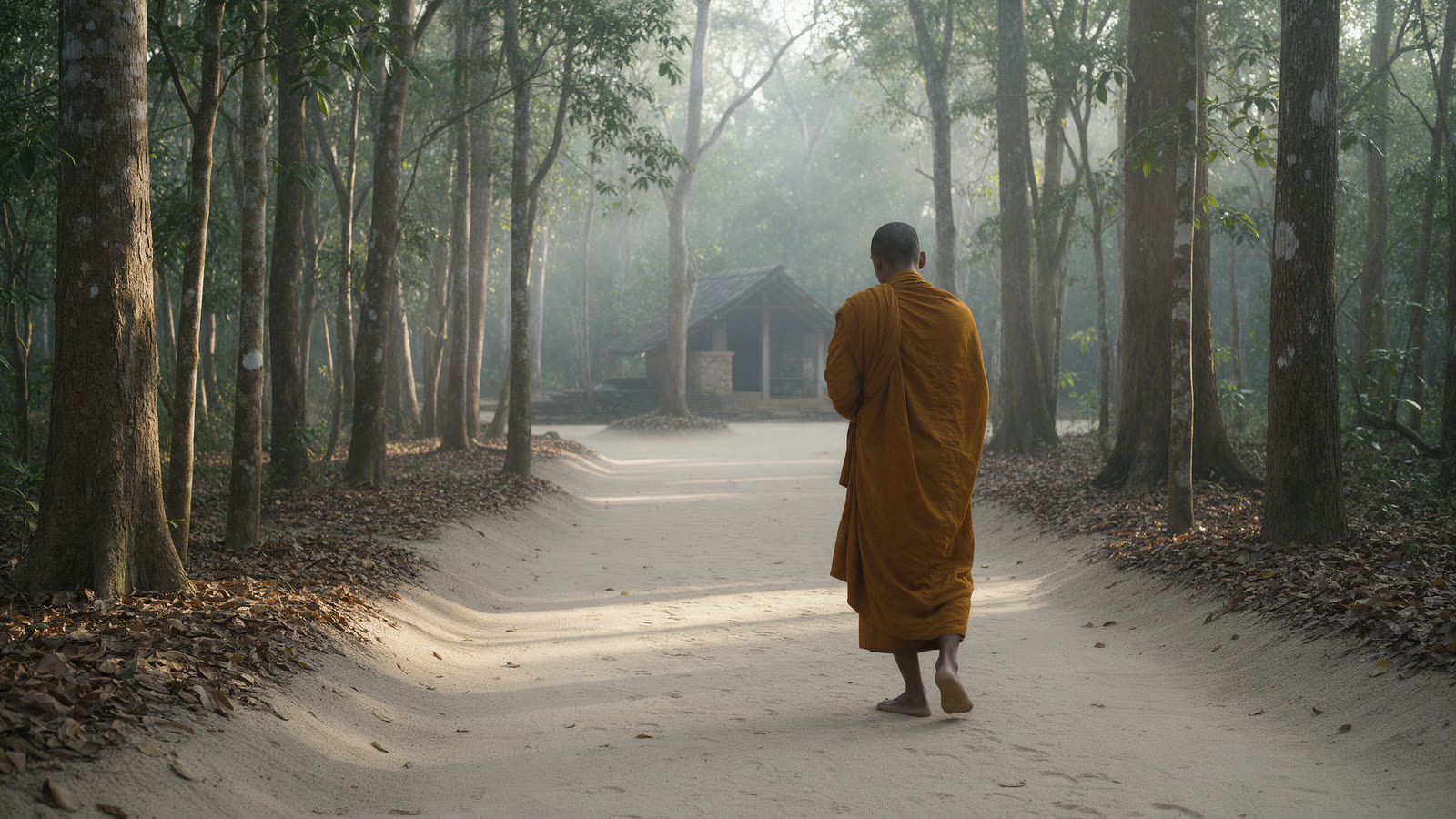 A monk in an ochre robe practising walking meditation along a swept sand path in a forest hermitage at dawn