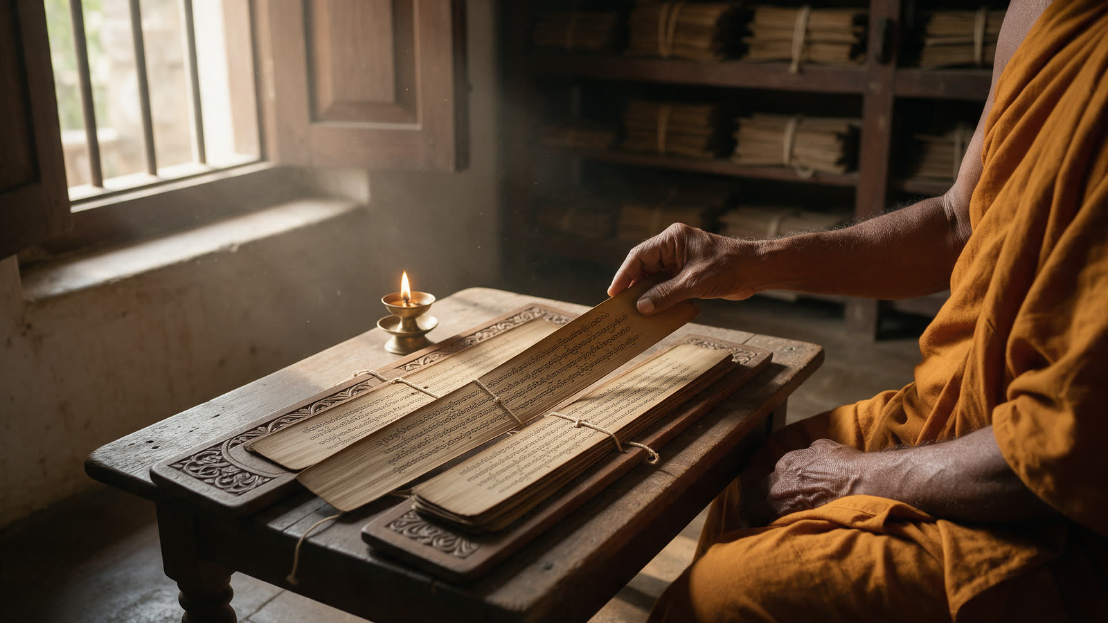 Palm-leaf manuscripts of the Pali texts open on a wooden table in a temple library, a monk's hand turning a leaf beside a small oil lamp