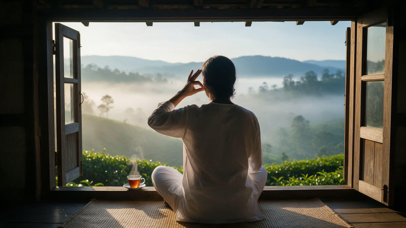 A person in white, seen from behind, practising alternate-nostril breathing at an open window above a misty tea valley