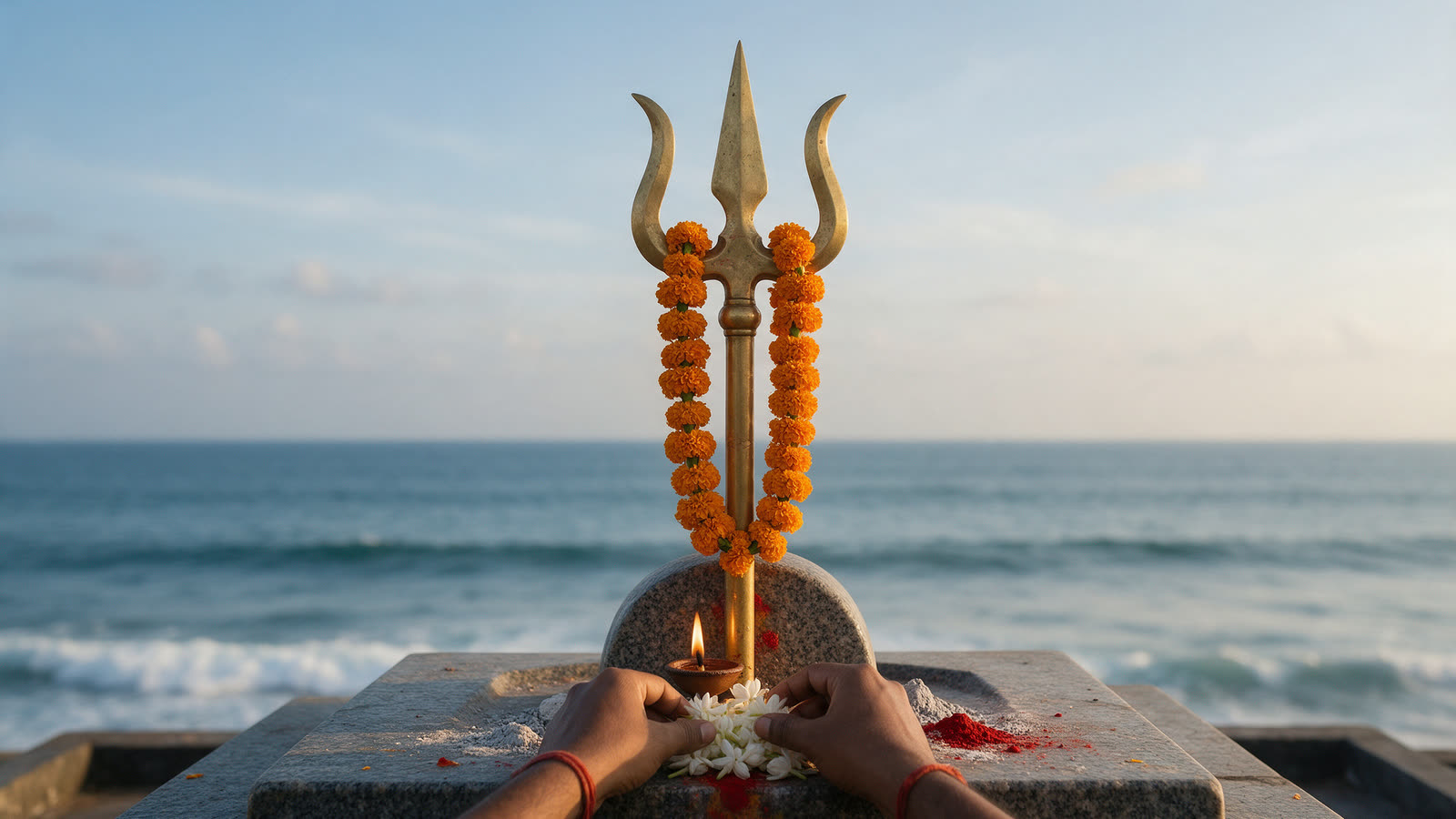 A brass trident hung with marigold garlands at a seaside kovil shrine, a small oil lamp burning and hands offering jasmine