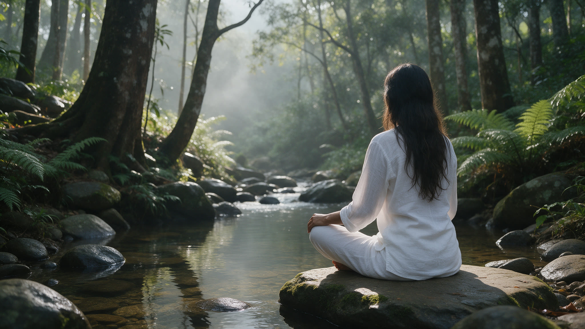 A woman in white, seen from behind, meditating on a mossy rock beside a forest stream in the Sri Lankan hills, morning mist among the trees