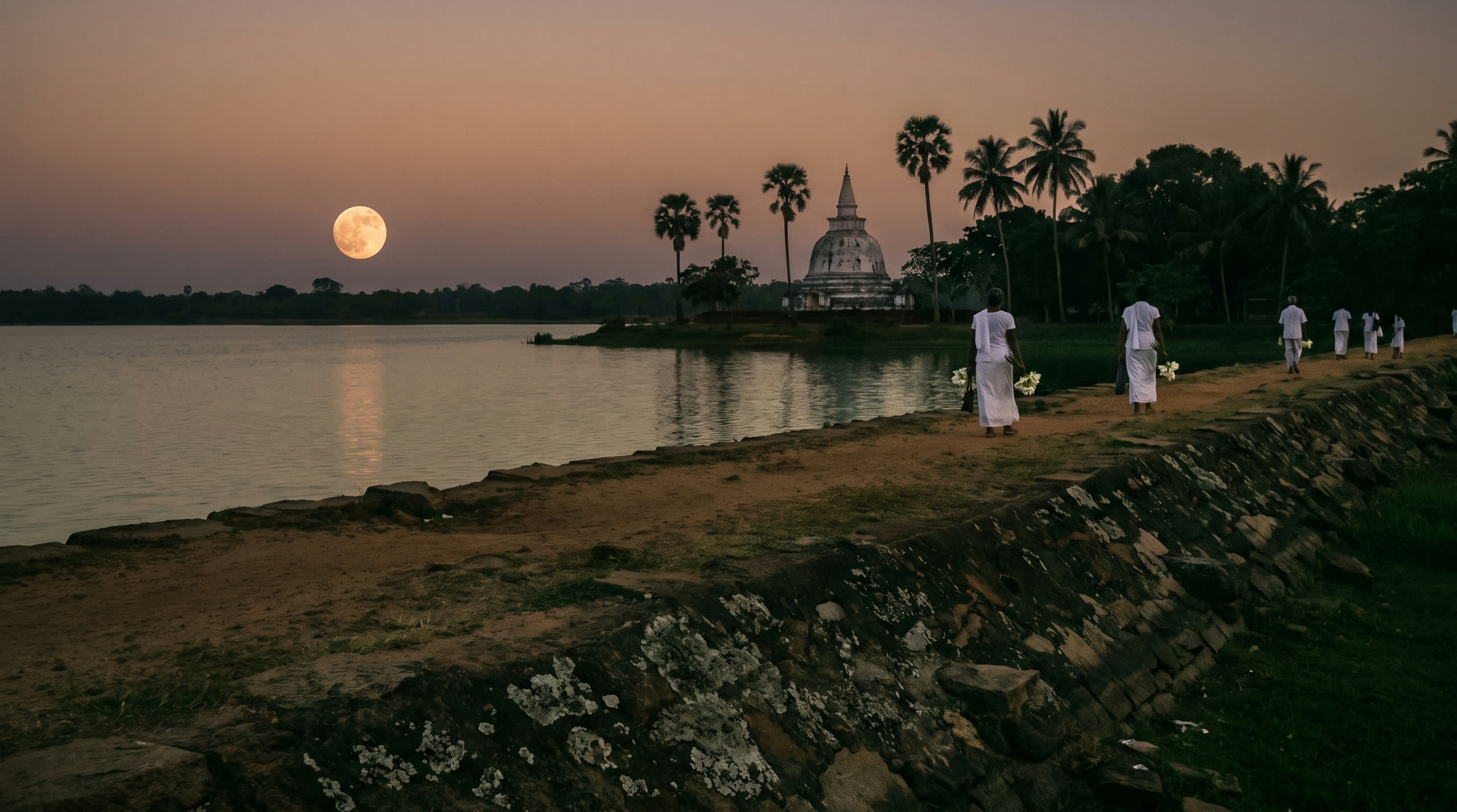 The full moon rising over an ancient tank at dusk, a small white dagoba on the far bank and people in white walking to the temple with flowers