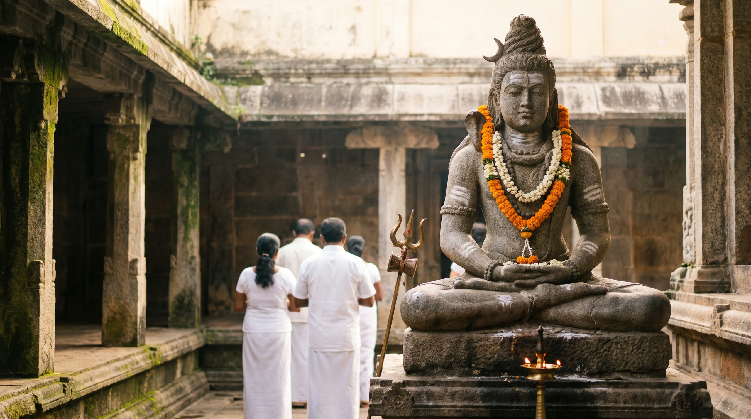 A stone statue of Shiva seated in meditation as Adiyogi, the first yogi, garlanded with marigolds in the courtyard of a Sri Lankan kovil