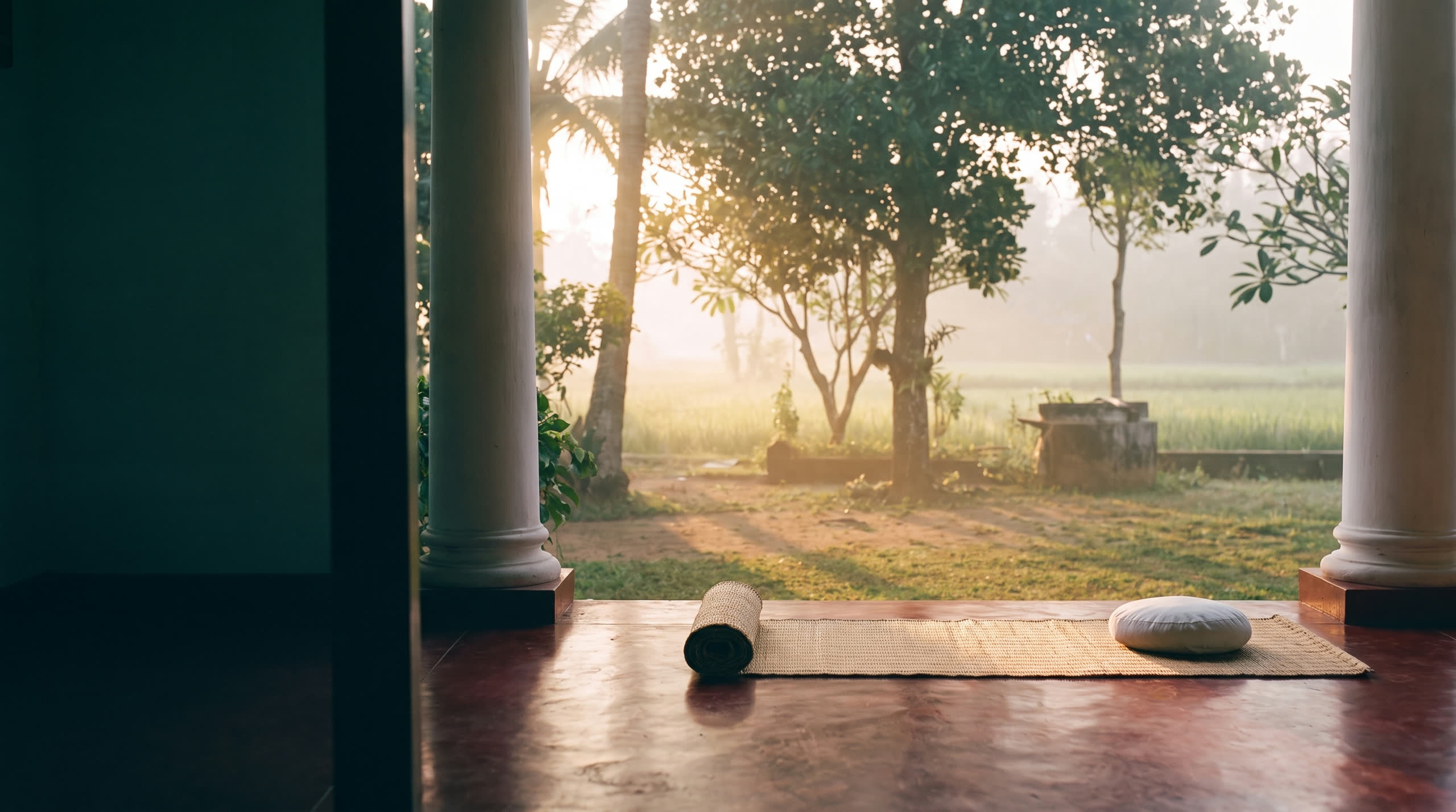 An empty verandah at first light, a reed mat and a white cushion laid out facing the garden