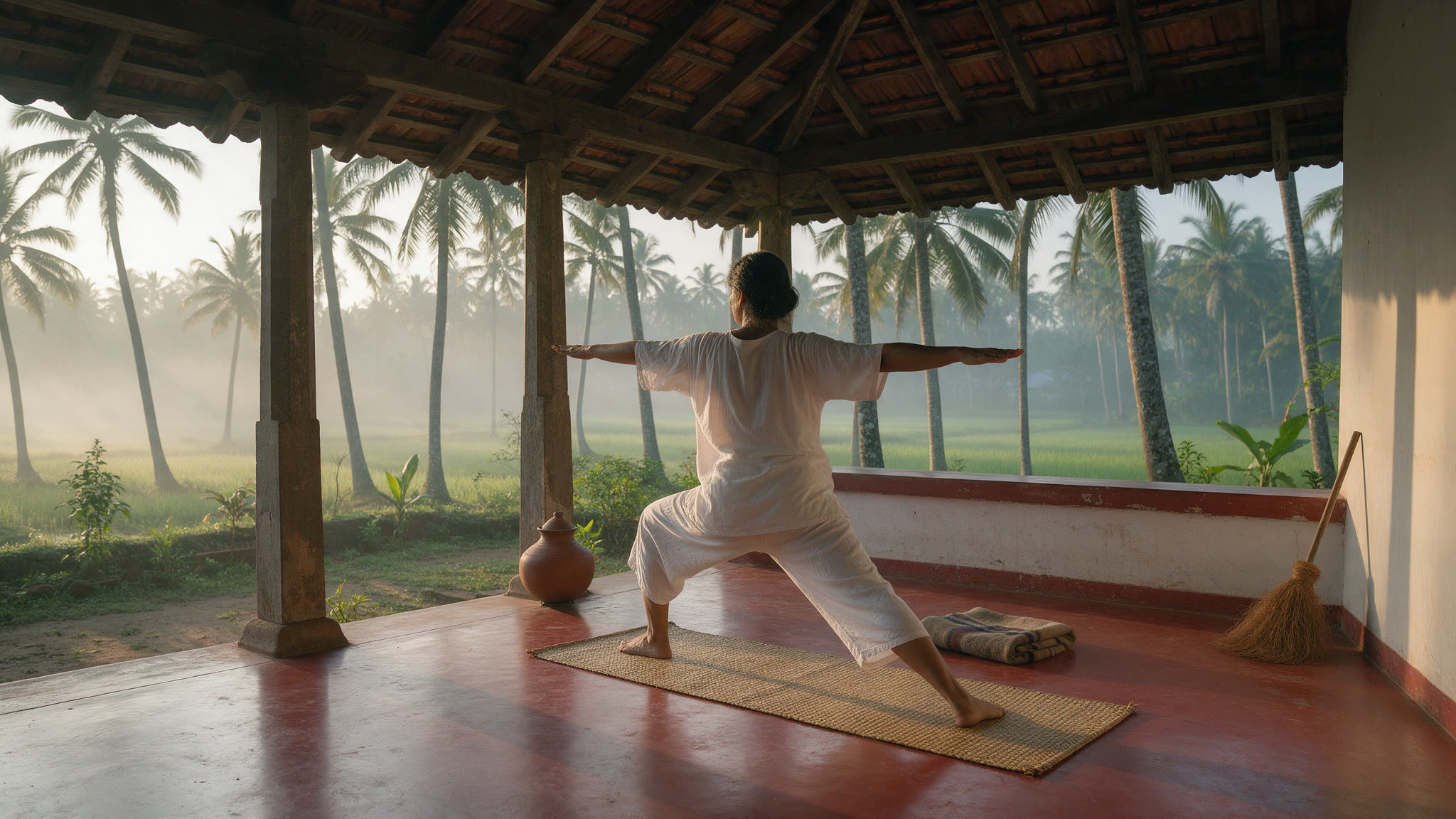 A woman in white, seen from behind, holding warrior pose on a reed mat on the red cement verandah of an old Sri Lankan house at sunrise, coconut palms and paddy fields beyond
