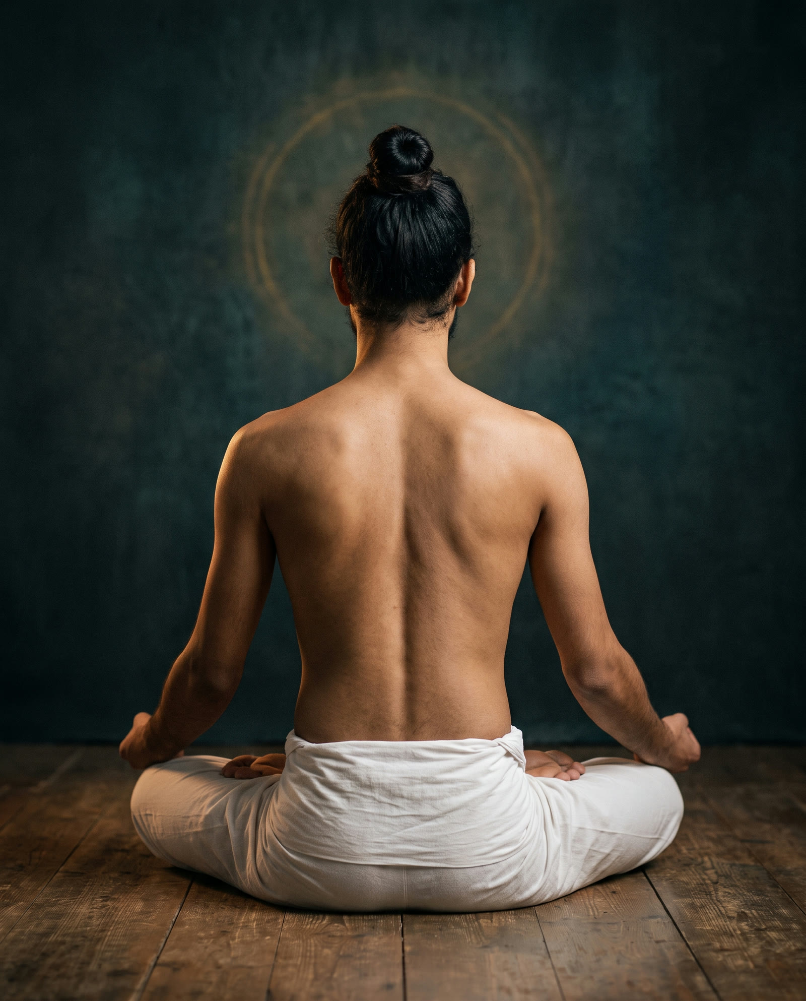 A yogi seated in lotus pose, seen from behind against the dark, the spine straight